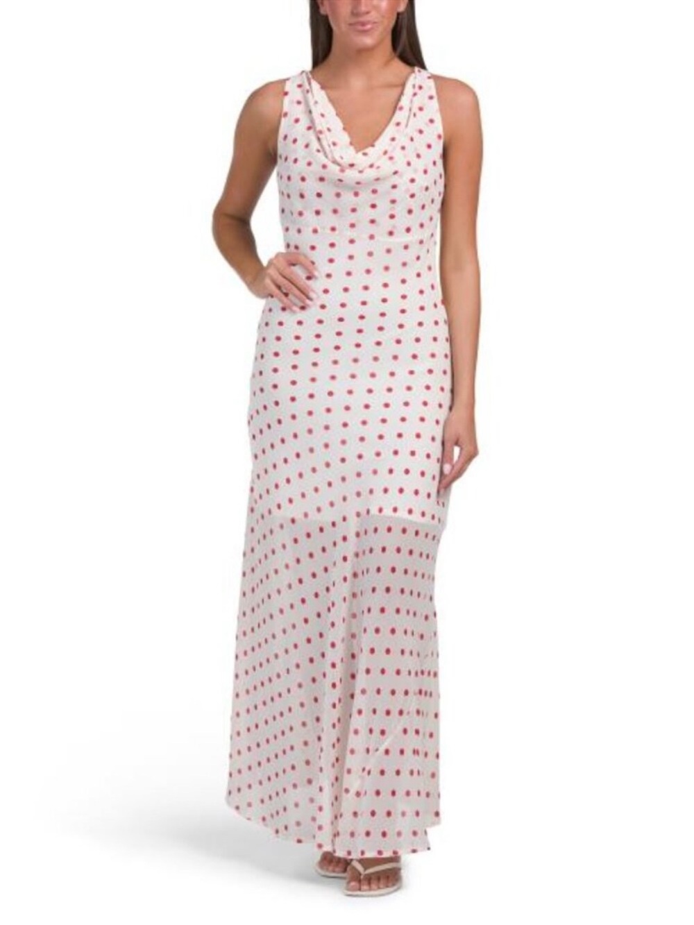 White Maxi Dress with Red Polka Dots - Sleeveless Cowl Neck